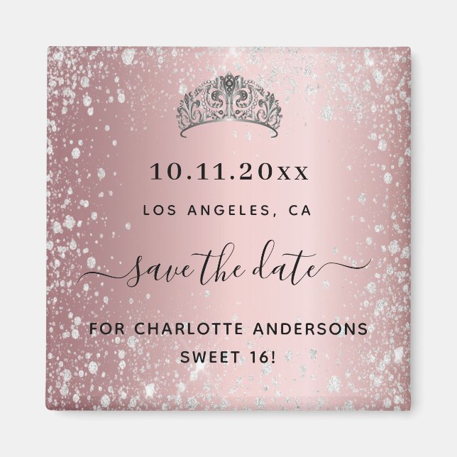 Aimant Sweet 16 parties scintillant rose pâle tiara enreg (Devant)