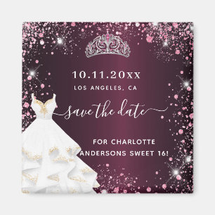 Aimant Sweet 16 robe rose bordeaux enregistrer la date