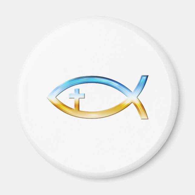 Aimant Symbole de poisson chrétien avec Crucifix - Ciel & (Devant)