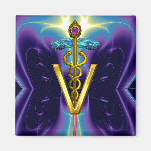 Aimant SYMBOLE VÉTÉRINAIRE DE CADUCE D'OR / Bleu pourpre