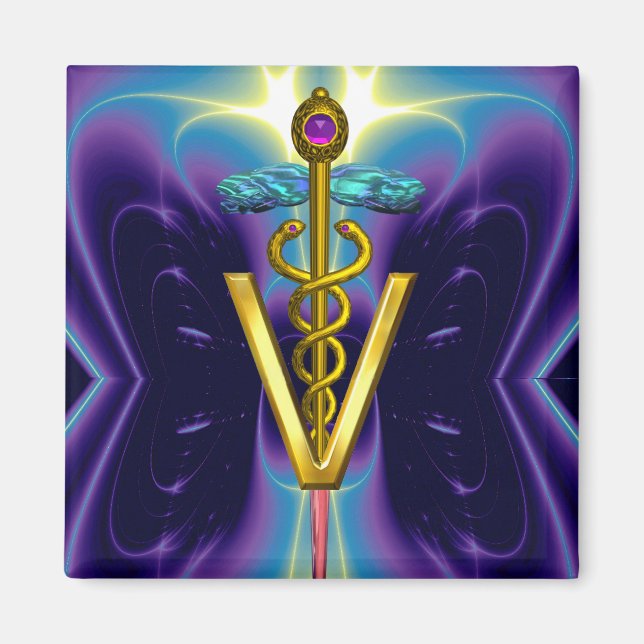 Aimant SYMBOLE VÉTÉRINAIRE DE CADUCE D'OR / Bleu pourpre (Devant)