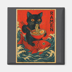 Aimant T-shirts graphiques japonais Ramen Chat Noir pour