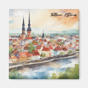 Aimant Tallinn Estonie Peinture Aquarelle Vue De La Ville