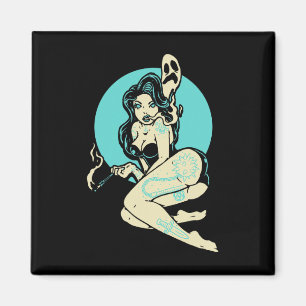 Aimant Tatoué Goth Pin-up Girl Horror Ghost Moon Rockab