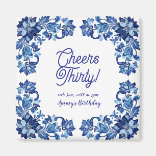 Aimant Tcheers trente ans royal bleu floral bordure na