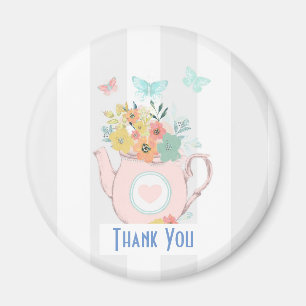 Aimant Teapot rose avec Fleurs et Papillons Merci