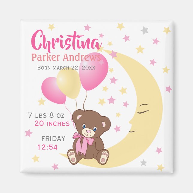 Aimant Teddy Bear assis sur la Lune Baby Birth Statistiqu (Devant)