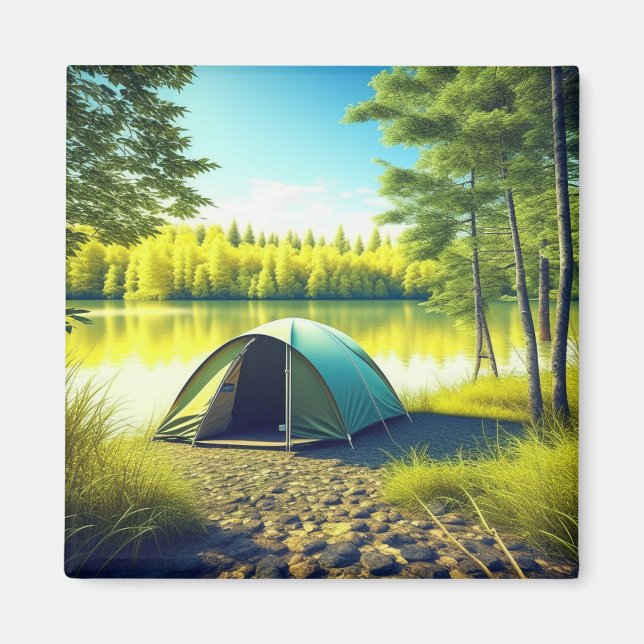 Aimant Tente dans une belle forêt au bord d'un lac (Devant)