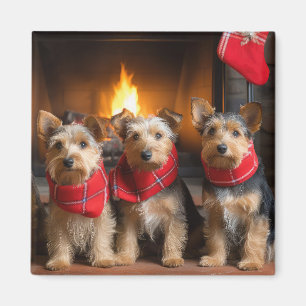 Aimant Terrier Australien au coin du feu de Noël
