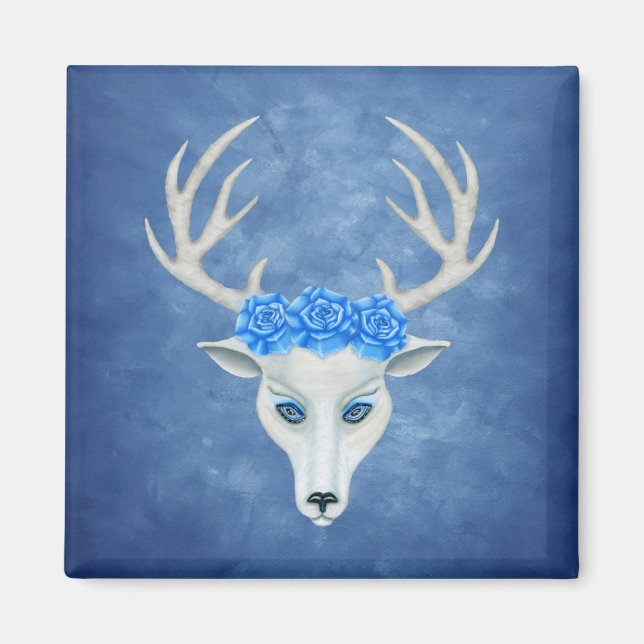 Aimant Tête de cerf blanc mystique Big Antlers Roses bleu (Devant)