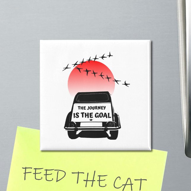 Aimant The journey is the goal sunset - oldtimer 2CV (2CV Magnet in White with a Red Sunset and Birds Illustration)