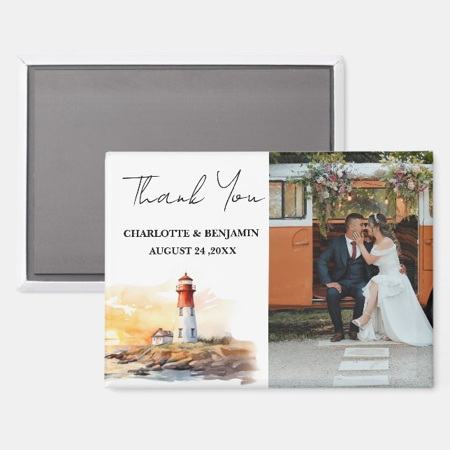 Aimant Thème nautique phare Mariage Merci (Recto/Verso)