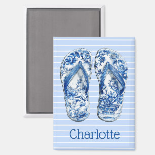 Aimant Tongs chinoiserie bleus et blancs sur rayures