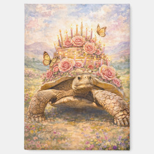 Aimant Tortue Sulcata Roses d'anniversaire et papillons