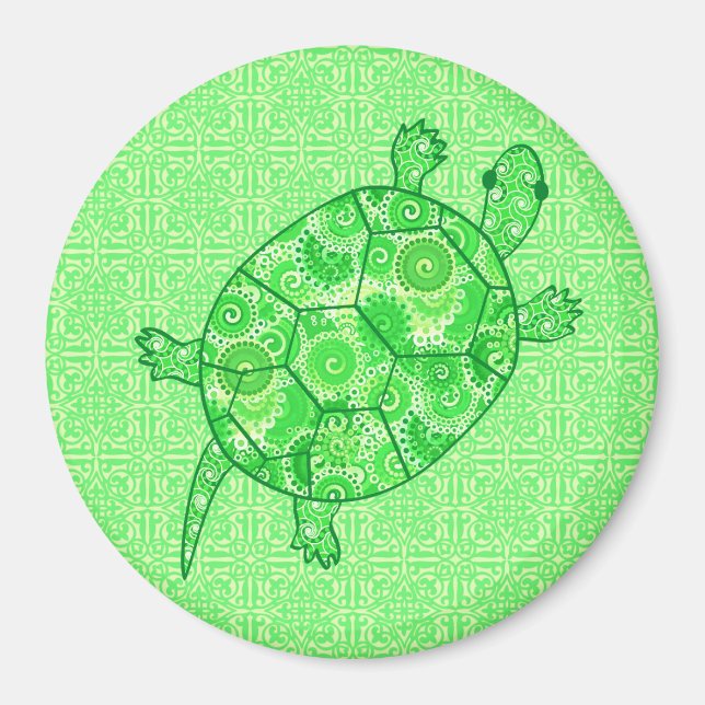 Aimant Tortue tourbée fractale - chaux et vert émeraude (Devant)