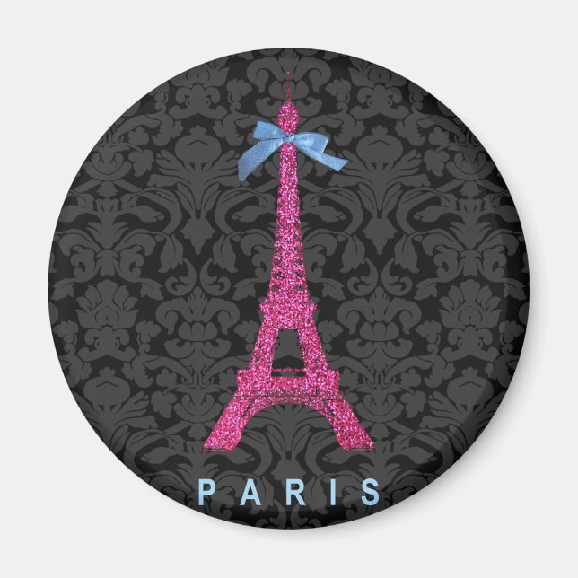 Aimant Tour Eiffel rose chaud en faux parties scintillant (Devant)