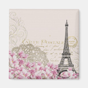 Aimant Tour Eiffel vintage avec Fleurs sauvages roses
