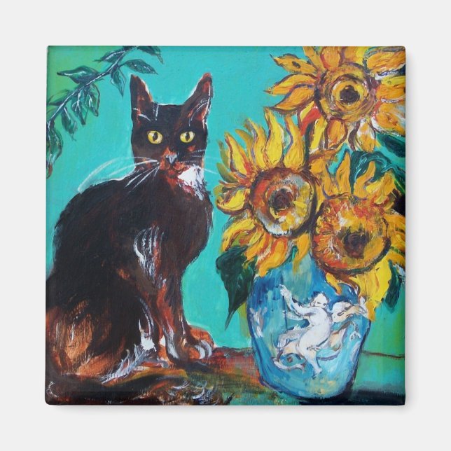 AIMANT TOURNESOLS AVEC CHAT NOIR EN BLEU TURQUOISE (Devant)