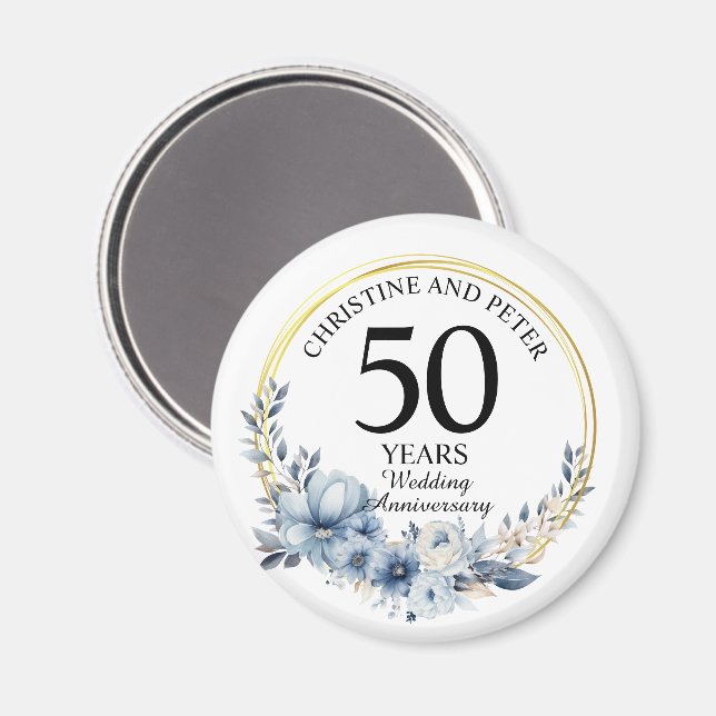 Aimant Tout Mariage (50) Élégant Anniversaire Floral Bleu (Recto/Verso)