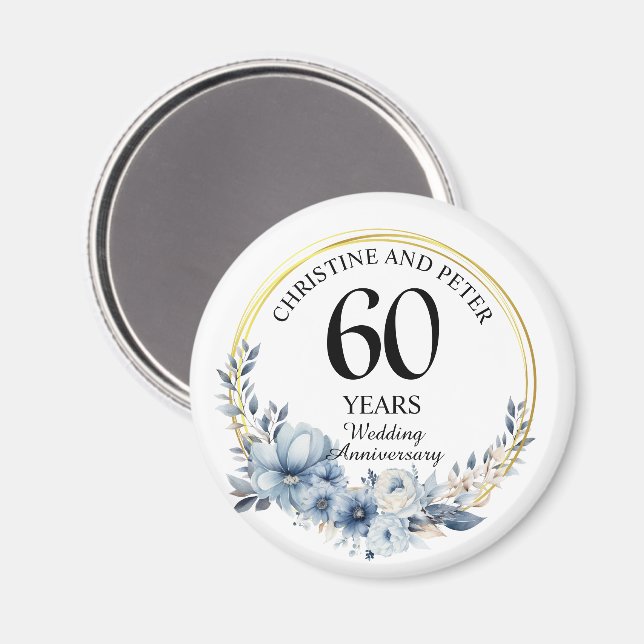 Aimant Tout Mariage (60) Élégant Anniversaire Floral Bleu (Recto/Verso)
