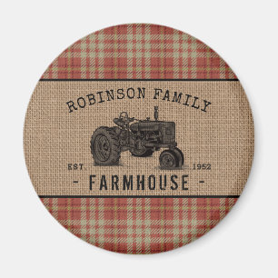 Aimant Tracteur agricole famille Rouge Plaid Burlap Round