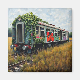 Aimant Train abandonné recouvert de lierre et de graffiti