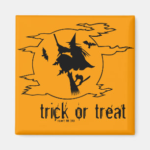 Aimant Trick or Treat Witch on Broom avec chauves-souris