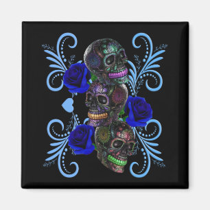 Aimant Triple Black Jour des Morts Crânes Roses Bleues
