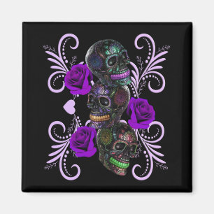 Aimant Triple Jour Noir Des Crânes Morts Roses Violets