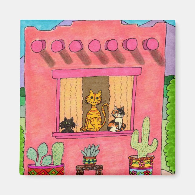 Aimant Trois chats dans Adobe House rose (Devant)