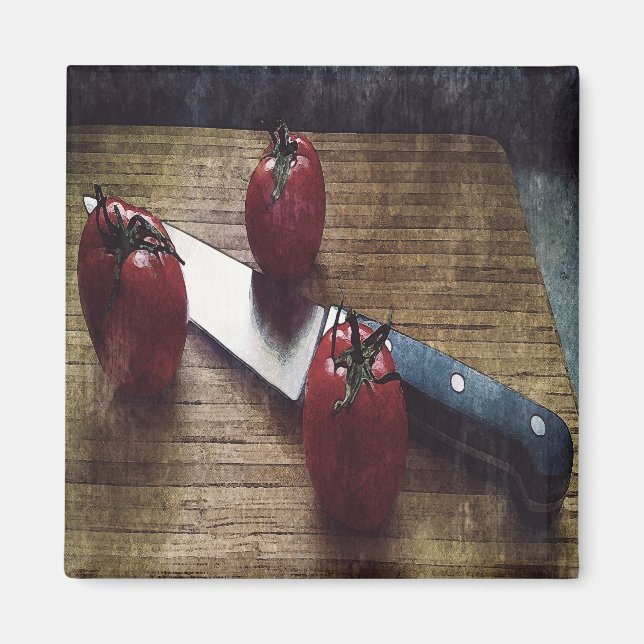 Aimant Trois tomates rouges sur une planche à découper (Devant)