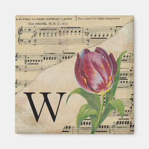 Aimant Tulipe violette feuille musique Monogramme initial