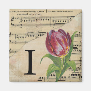 Aimant Tulipe violette feuille musique Monogramme initial