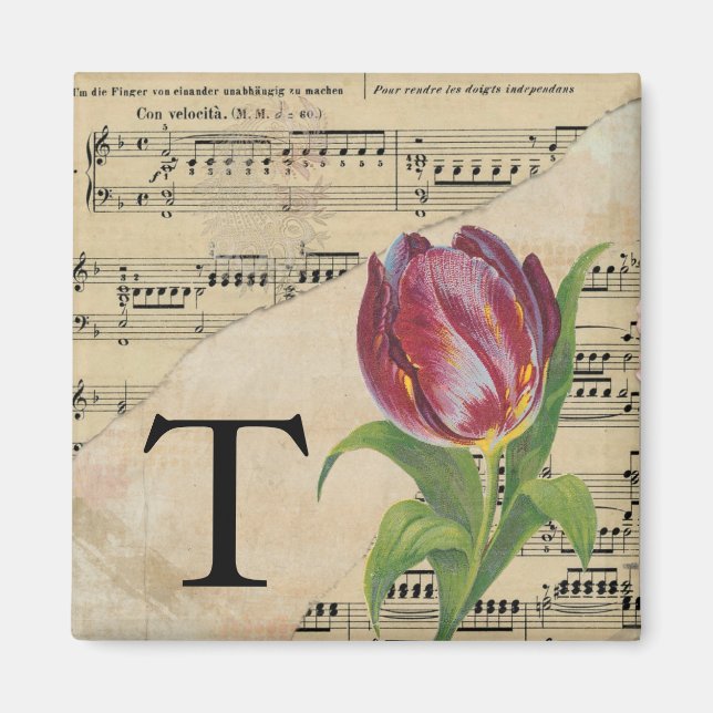 Aimant Tulipe violette feuille musique Monogramme initial (Devant)
