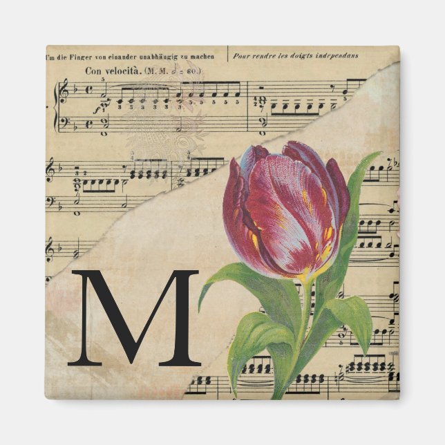 Aimant Tulipe violette Partition Monogramme initial M (Devant)