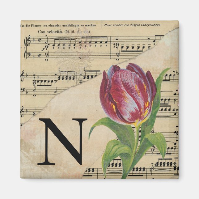 Aimant Tulipe violette Partition Monogramme initial N (Devant)