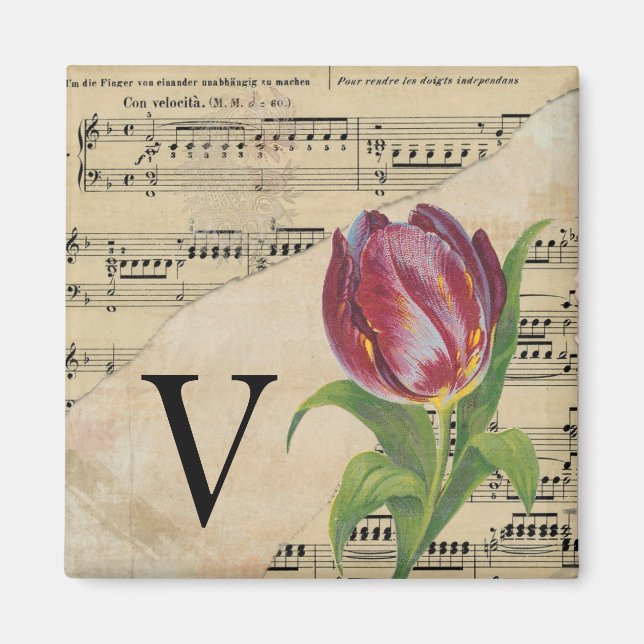 Aimant Tulipe violette Partition Monogramme initial V (Devant)