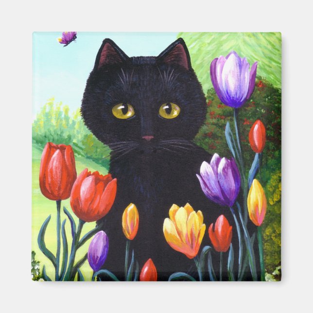 Aimant Tulipes mignonne Noir Chat Papillon Créationarts (Devant)