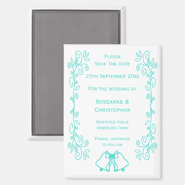 Aimant Turquoise Bells Scrollwork Wedding Enregistrer La  (Recto/Verso)