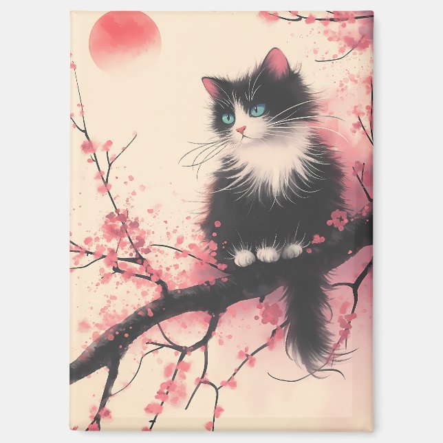 Aimant Tuxedo Chat sur la fleur de cerise esthétique japo (Recto)