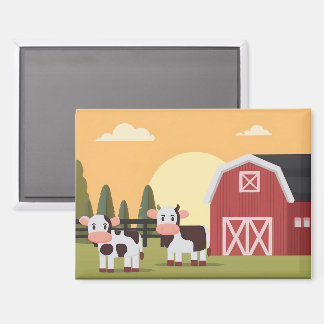 Aimant Two Cows and a Red Barn at Sunrise