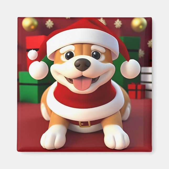 Aimant Un mignon chien en caricature à Père Noël (Devant)