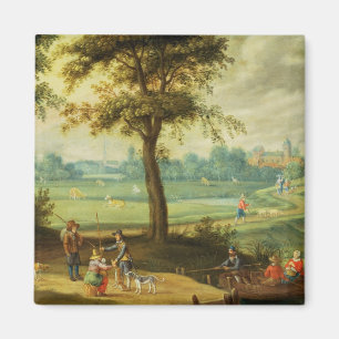 Aimant Un paysage de village par une rivière