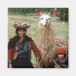 Aimant Une femme quechua avec deux lamas