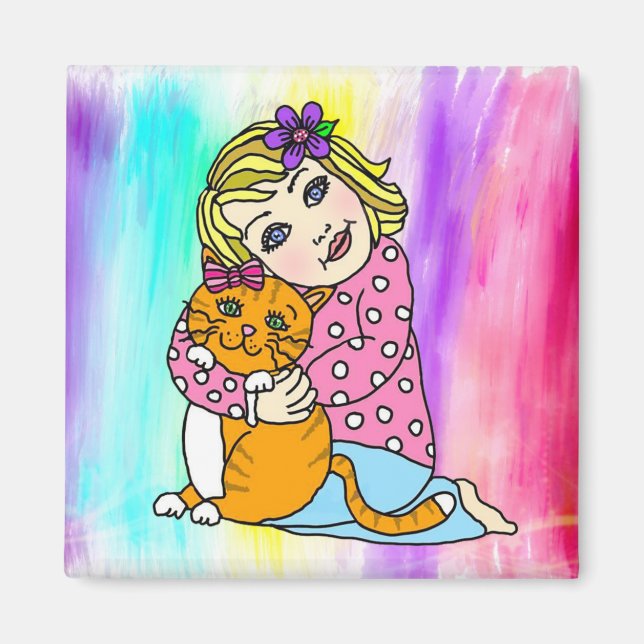 Aimant Une fille et son chat Hugs et l'amour de l'artisan (Devant)