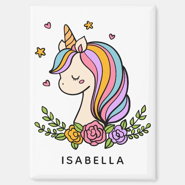 Aimant Unicorn mignon Whimsical Girl Nom personnalisé (Recto)