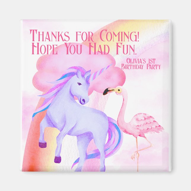 Aimant Unicorn Rainbow Flamant rose Anniversaire Fête Fav (Devant)