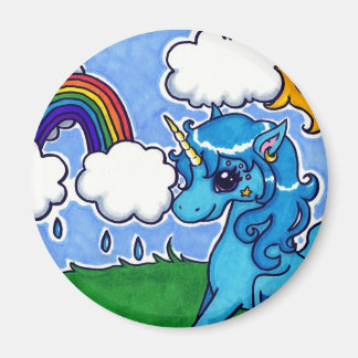 Aimant Unicorne bleue volante avec arc-en-ciel