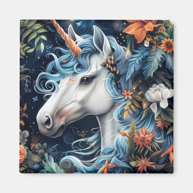 Aimant Unicorne et fleurs design imaginaire (Devant)