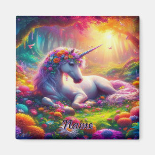 Aimant Unicorne reposant dans une forêt enchantée